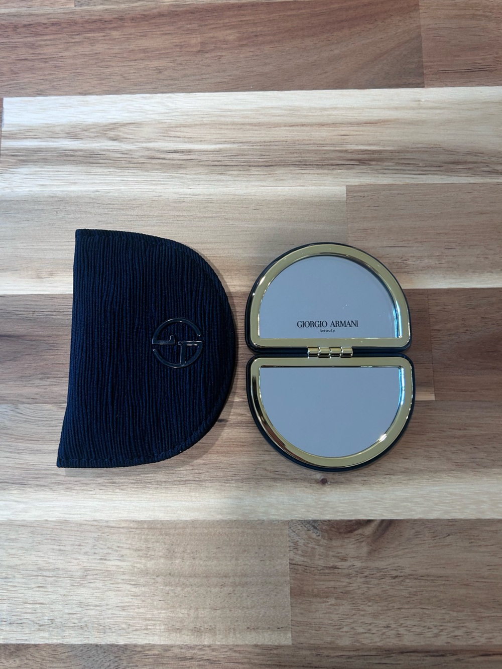 Giorgio Armani Black and Gold Double Compact Mirror with Logo Pouch